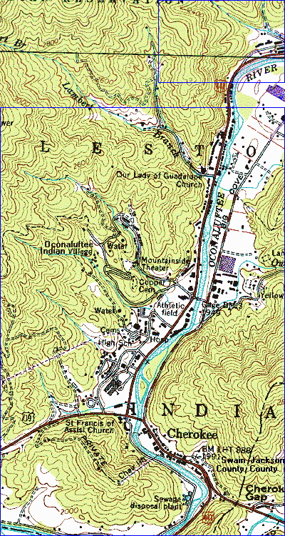 Click in the box in upper right corner of this map to see
a map that overlaps that part of this map & extends beyond 
this map to the north & west.

Click below the line 1/5 down from top of this map to see 
the map (at TopoZone) centered on Cherokee NC which 
extends further east, west, & south than this map, but not above the line.